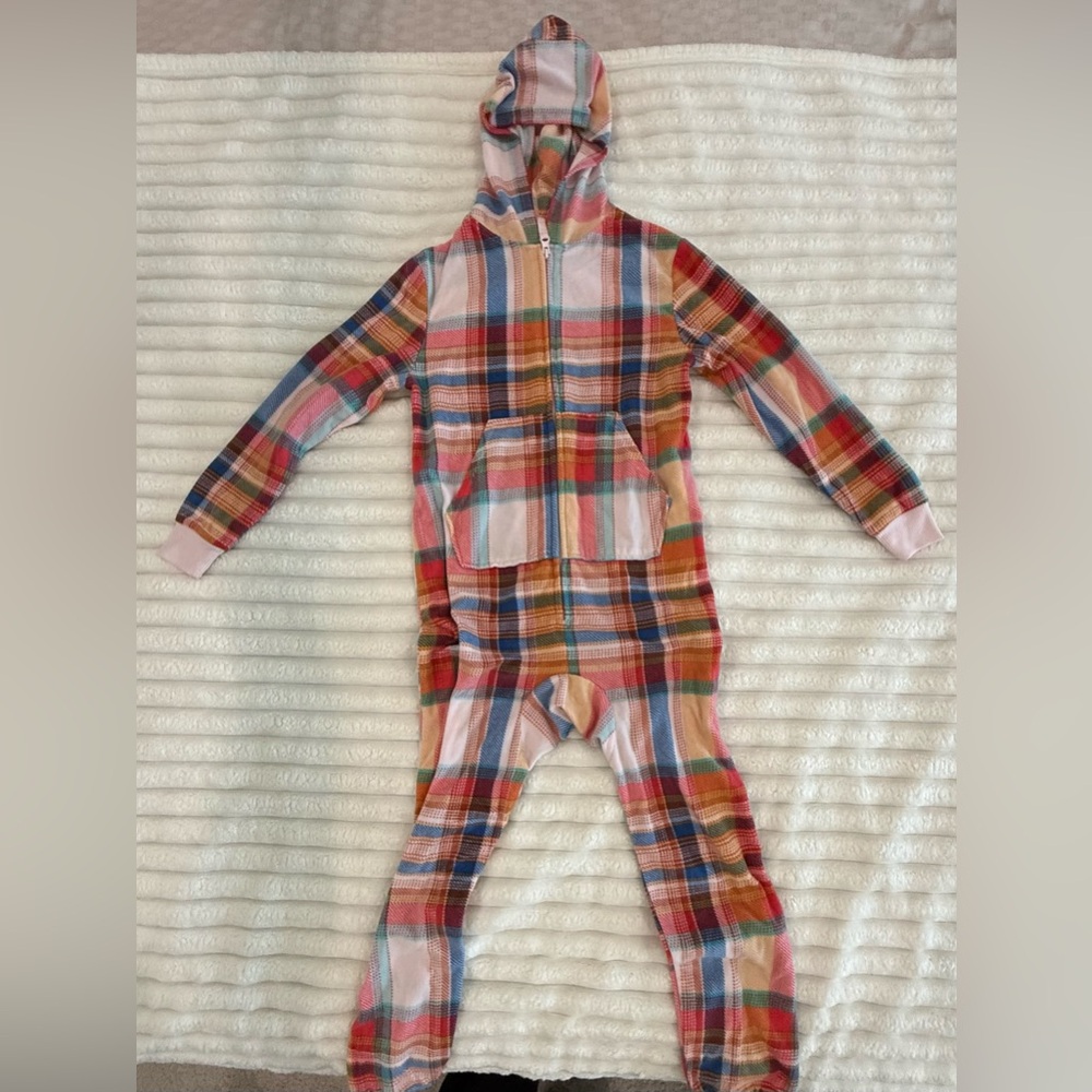 Cat & Jack Pink Multicolor Plaid Hooded Zip-Up One-Piece Pajama
